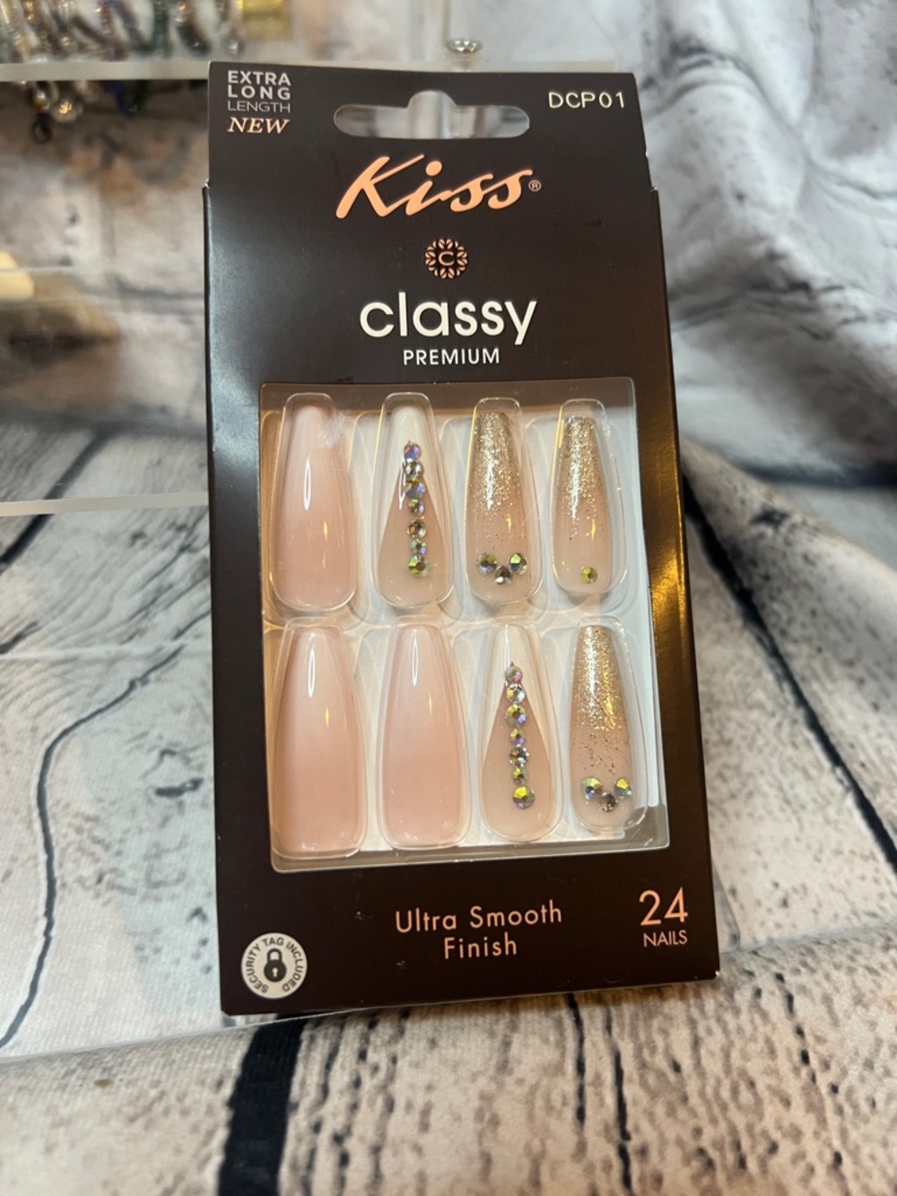 Kiss Classy Premium Nude Pink and Gold Rhinestone Press-On Nails